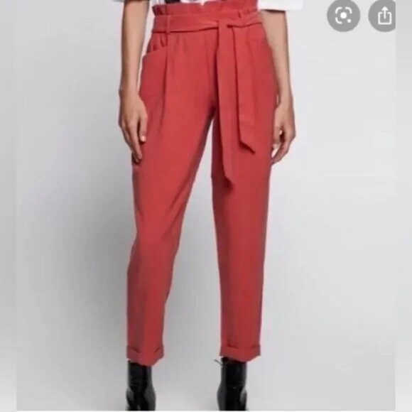 Zara TRF Red Paperbag Tapered Linen Trousers, Belted Straight Leg | Office - Picture 1 of 15